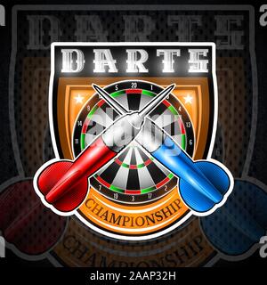 Red and blue darts crossed with round dartboard in center of shield. Sport logo for any darts game or championship Stock Vector