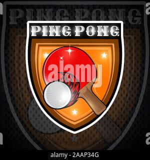 Red ping pong racket with fire ball in center of shield. Sport logo for any team or championship Stock Vector