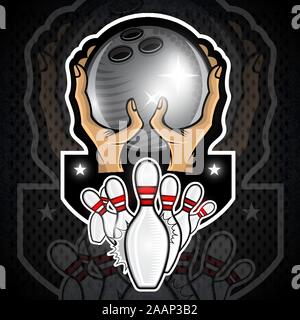 Two hand hold bowling ball and scattering pins. Sport logo for any team or championship Stock Vector