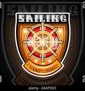 Wood steering wheel in center lifebuoy on shield. Sport logo for any yachting or sailing team or championship Stock Vector