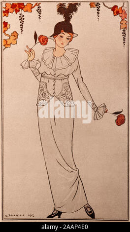 A model from a 1912 Parisian fashion show by George Barbier (1882–1932), one of the great French illustrators of the early 20th century. Stock Photo