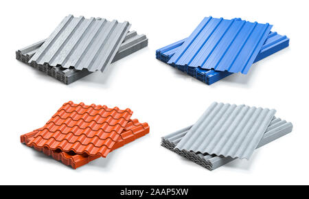 Set of different types of roof coating. Stacks of sheet metal  profiles, ceramic tile and gypsum roof isolated on white background. 3d illustration Stock Photo