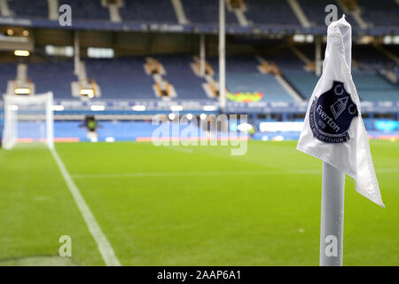 A general view of an Everton flag at the side of the pitch ahead of the Premier League match at Goodison Park, Liverpool. Stock Photo