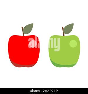 Juicy red and green apples with leaves and shadow. Isolated on white background. Stock Vector