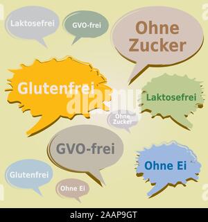 Dialog Boxes Tags Food Allergens - Gluten Sugar Lactose Egg GMO free Labels - German Language Stock Vector