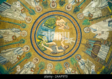 Ravenna, Italy 29 July 2019: Arian Baptistry ceiling mosaic. It s a Christian baptismal building that was erected by the Ostrogothic King Theodoric th Stock Photo