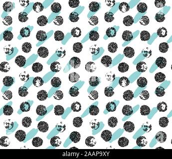 Black grunge paint circles with green blots. Seamless pattern for clothes, fabric, black friday banners. Hand made texture Stock Vector