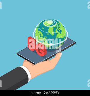 Flat 3d isometric businessman hand holding smartphone with world and 5G sign. 5G network wireless technology concept. Stock Vector