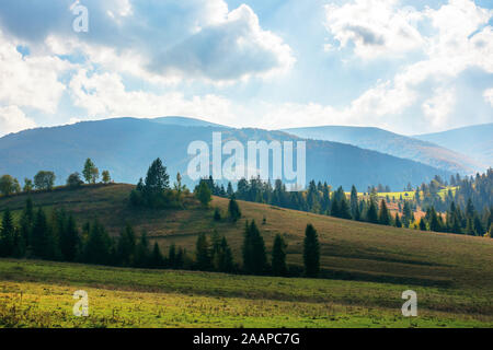 rural area of carpathian mountains in autumn. wonderful landscape of borzhava mountains in dappled light observed from podobovets village. agricultura Stock Photo