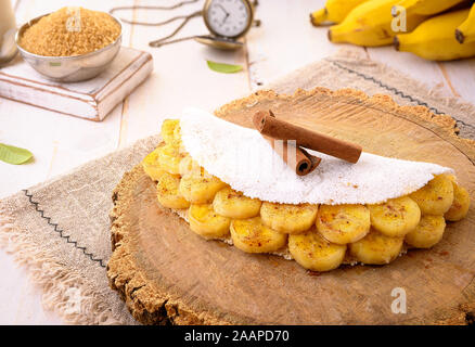 Tapioca Banana | Manioc flour pancake with caramelized banana, condensed milk and cinnamon - Typical food of the Brazilian Northeast Stock Photo