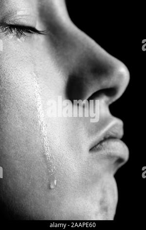 sad woman crying, looking aside on black background, closeup portrait,  profile view Stock Photo - Alamy