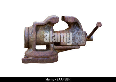 Old rusty bench vise isolated on white background. With clipping path Stock Photo
