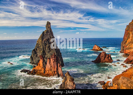 Rocky cliffs on the shore of the island of Madeira, Portugal. This amazing place is Ponta de Sao Lourenco. The most beautiful trail on Madeira Island Stock Photo