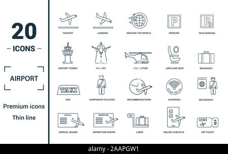Airport icon set. Include creative elements takeoff, around the world, airport tower, airplane seat, taxi icons. Can be used for report, presentation Stock Photo