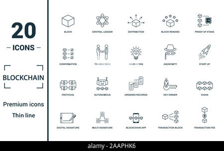 Blockchain icon set. Include creative elements block, distribution, confirmation, anonymity, protocol icons. Can be used for report, presentation Stock Photo