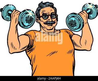 elderly man lifts dumbbells, fitness sport Stock Vector