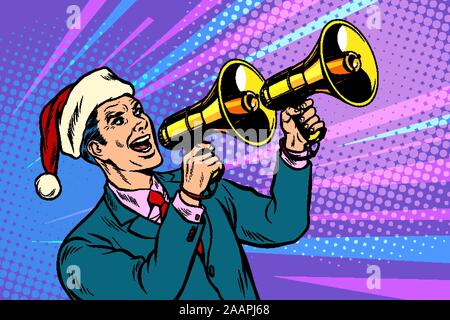 Christmas sale. Businessman advertises with megaphone Stock Vector