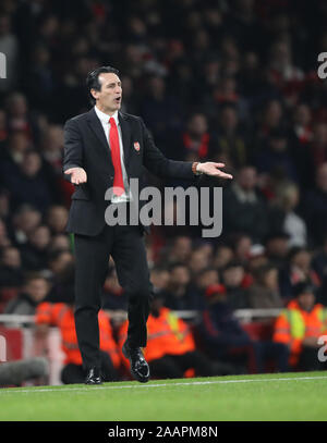 Emirates Stadium, London, UK. 23rd November 2019.Unai Emery (Arsenal manager) at the Arsenal v Southampton English Premier League match, at the Emirates Stadium, London, UK on November 23, 2019. **Editorial use only, license required for commercial use. No use in betting, games or a single club/league/player publications** Stock Photo