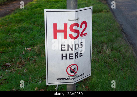 HS2 opposition sign near Wendover in Buckinghamshire, UK. 1st February, 2012. A number of High Speed Railway HS2 opposition signs have been placed in fields and on buildings in the county of Buckinghamshire. Many local residents are opposed to the planned HS2 High Speed Rail link from London to Birmingham as it is expected to result in the destruction of countryside, rural habitats and ancient woodlands. Credit: Maureen McLean/Alamy Stock Photo