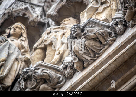 Gothic style gargoyles and statues on the facade of buildings in the Grand Place, , Brussels, Belgium. Stock Photo