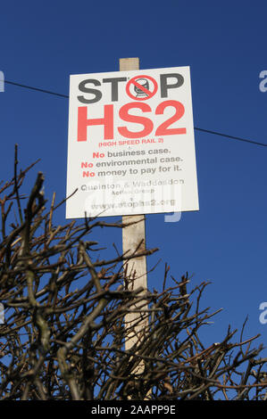 HS2 opposition sign near Waddesdon in Buckinghamshire, UK. 1st February, 2012. A number of High Speed Railway HS2 opposition signs have been placed in fields and on buildings in the county of Buckinghamshire. Many local residents are opposed to the planned HS2 High Speed Rail link from London to Birmingham as it is expected to result in the destruction of countryside, rural habitats and ancient woodlands. Credit: Maureen McLean/Alamy Stock Photo