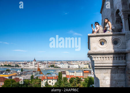 The panoramic view of the Budapest skyline from the balconies and terraces of the Halaszbastya (Fishermans Bastion), Budapest, Hungary. Budapest, Hung Stock Photo