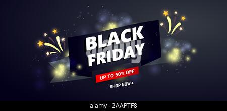Black friday sale banner template. Dark background with black ribbon and sale text, fireworks, stars decor for seasonal discount offers. Stock Vector