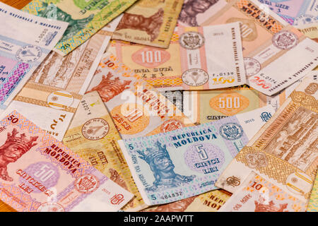 A composition of Moldovan leu. MDL banknotes providing great options to be used for illustrating subjects as business, banking, media, etc. Stock Photo