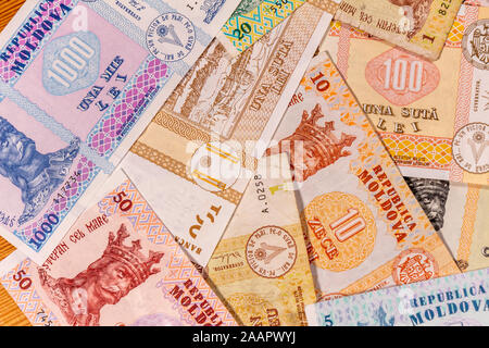 A composition of Moldovan leu. MDL banknotes providing great options to be used for illustrating subjects as business, banking, media, etc. Stock Photo