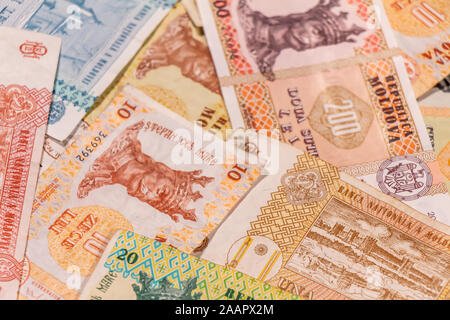 A composition of Moldovan leu. MDL banknotes providing great options to be used for illustrating subjects as business, banking, media, etc. Stock Photo