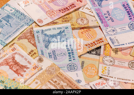 A composition of Moldovan leu. MDL banknotes providing great options to be used for illustrating subjects as business, banking, media, etc. Stock Photo