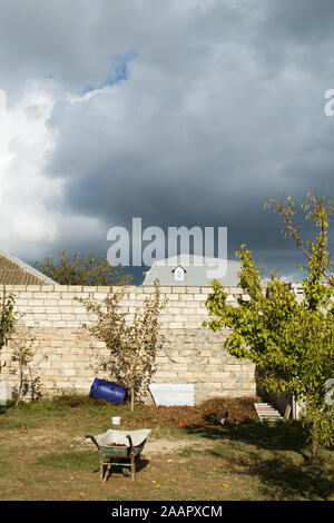 Back yard with fruit trees, brick fence and grey clouds in the sky Stock Photo