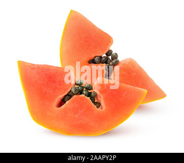 Isolated papaya. Two slices of papaya with seeds isolated on white background with clipping path Stock Photo