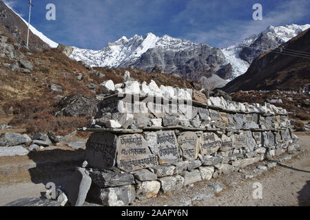 Carvings on stones along the Langtang valley with snow capped mountains in the background Stock Photo