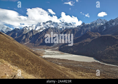 view down the langtang valley from the village of Kyanjin Gompa Stock Photo