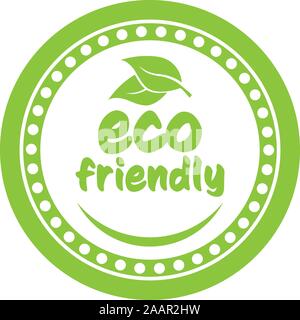 round green ECO FRIENDLY stamp or label with leaves and abstract smile vector illustration Stock Vector