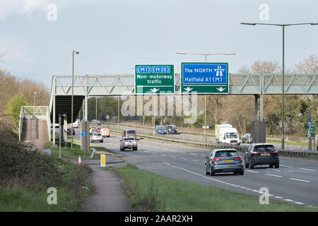 Roadsigns on the pedestrian bridge over the A1 near Shenley. Stock Photo