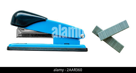 Isolated Blue Stapler And Staples On A White Background Stock Photo