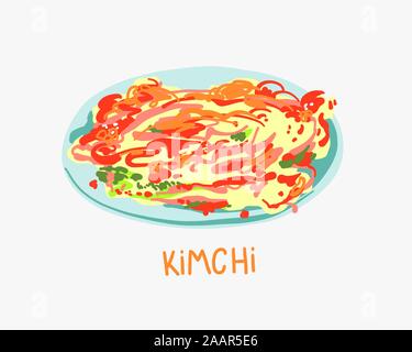 illustration of spicy kimchi cabbage - traditional korean food on a plate Stock Vector