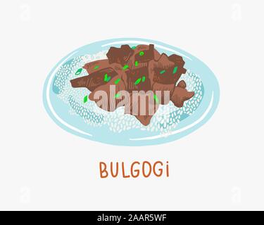 illustration of bulgogi grilled beef - traditional korean food on a plate Stock Vector