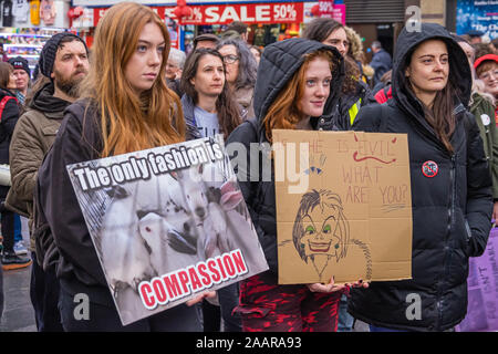 London, UK. 23rd November 2019. The annual march against fur in London meets at Leicester Square and then the several hundred protesters march along the pavements of the West End calling for an end not just to using fur in clothing but against all exploitation of animals of all species, whether for meat, dairy, wool, leather or other products. Peter Marshall/Alamy Live News Stock Photo