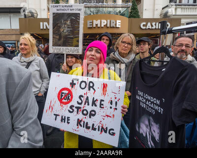 London, UK. 23rd November 2019. The annual march against fur in London meets at Leicester Square and then the several hundred protesters march along the pavements of the West End calling for an end not just to using fur in clothing but against all exploitation of animals of all species, whether for meat, dairy, wool, leather or other products. Peter Marshall/Alamy Live News Stock Photo