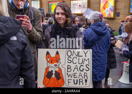 London, UK. 23rd November 2019. The annual march against fur in London meets at Leicester Square and then the several hundred protesters march along the pavements of the West End calling for an end not just to using fur in clothing but against all exploitation of animals of all species, whether for meat, dairy, wool, leather or other products. Peter Marshall/Alamy Live News Stock Photo