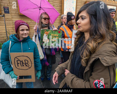 London, UK. 23rd November 2019. The annual march against fur in London meets at Leicester Square and then the several hundred protesters march along the pavements of the West End calling for an end not just to using fur in clothing but against all exploitation of animals of all species, whether for meat, dairy, wool, leather or other products. Peter Marshall/Alamy Live News Stock Photo