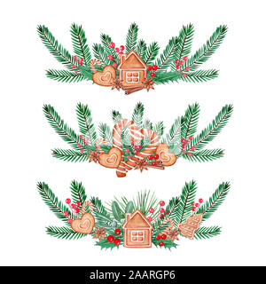 Christmas Watercolor wreath of berries, spruce branches, gingerbread cookie, anise. Hand drawn illustration. Isolated on white background. Stock Photo