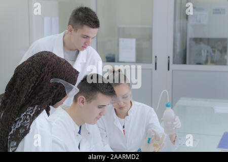 Group of young  scientists doing experiments in laboratory Stock Photo