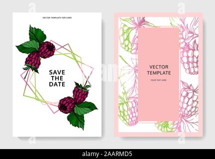 Vector Raspberry healthy food isolated. Black and white engraved ink art. Wedding background card decorative border. Stock Vector