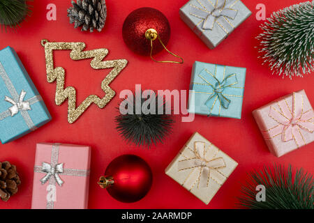 Christmas composition. Christmas gift boxes. Holiday greeting card background. Stock Photo