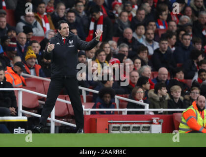 London, UK. 23rd Nov, 2019. Unai Emery (Arsenal manager) at the Arsenal v Southampton English Premier League match, at the Emirates Stadium, London, UK on November 23, 2019. **Editorial use only, license required for commercial use. No use in betting, games or a single club/league/player publications** Credit: Paul Marriott/Alamy Live News Stock Photo