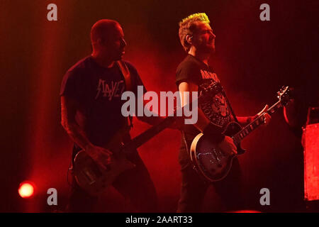 Rio de Janeiro, Brazil, October 6, 2019. Lead singer and guitarist Chad Kroeger and bassist Mike Kroeger of Canadian rock band Nickelback during a Roc Stock Photo